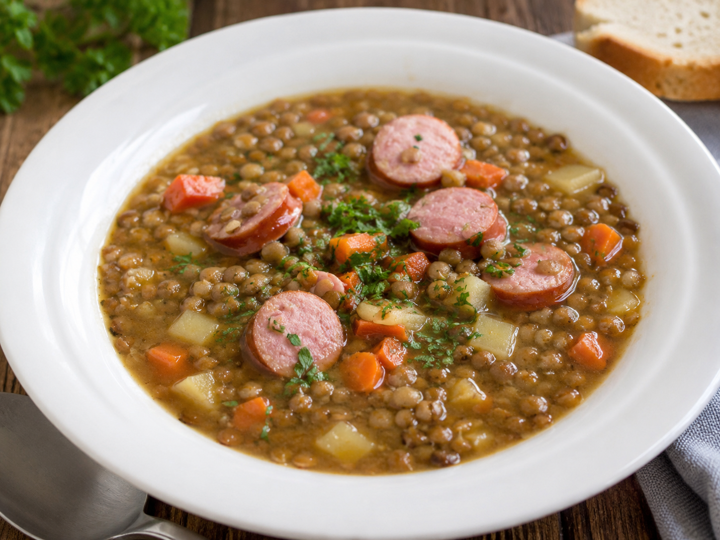 Lentil Soup with Bacon and Sausages